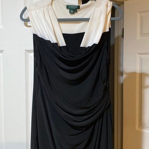 Black/white semi formal dress with dropping neckline.